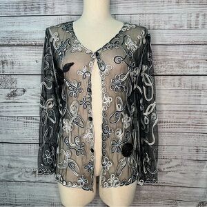 TC‎ Fashion Black Blue Metallic Floral Sheer Mesh Top Whimsigoth Medium VTG NEW